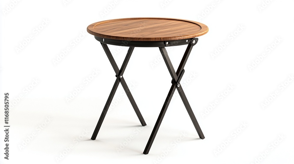 Compact foldable side table with wooden top, isolated on white for functional spaces Compact foldable side table with wooden top, isolated on white for functional spaces