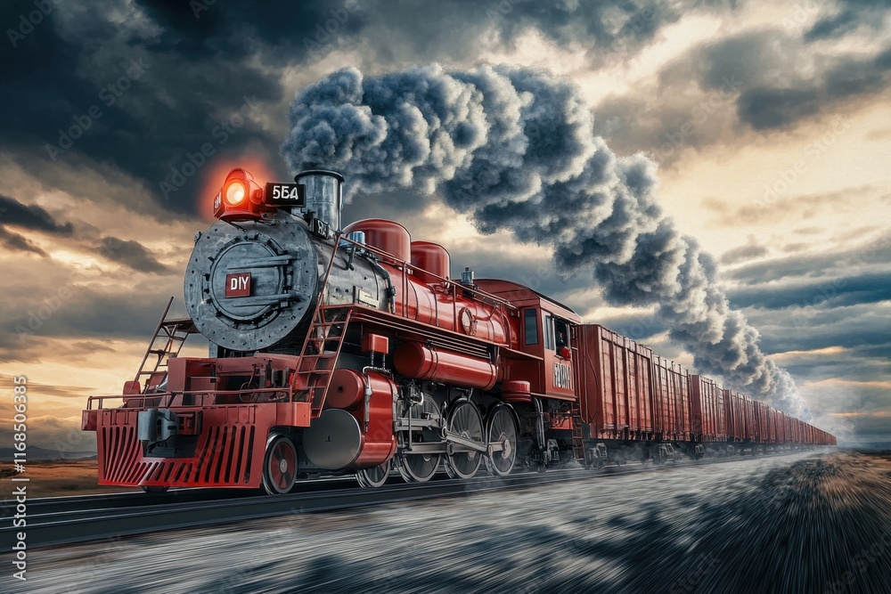 Fototapeta premium Vintage steam locomotive traveling through a cloudy landscape at dusk