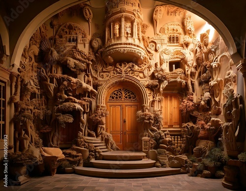 strange house and relief figures on the wall