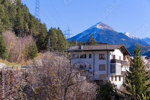 Scenic view of Swiss mountain village of Surava at Albula Valley on a sunny autumn day. Photo taken November 15th, 2024, Surava, Switzerland. photo