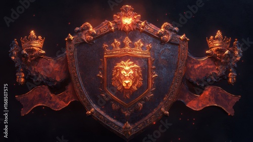 A royal heraldic shield with intricate lions, crowns, and banners, glowing softly photo