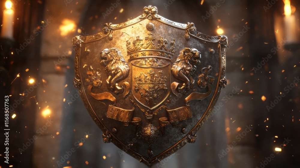 Fototapeta premium A royal heraldic shield with intricate lions, crowns, and banners, glowing softly