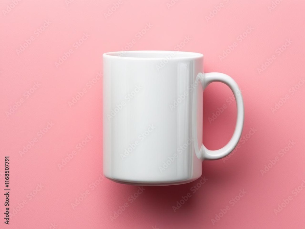 White mug mockup on a pink background.