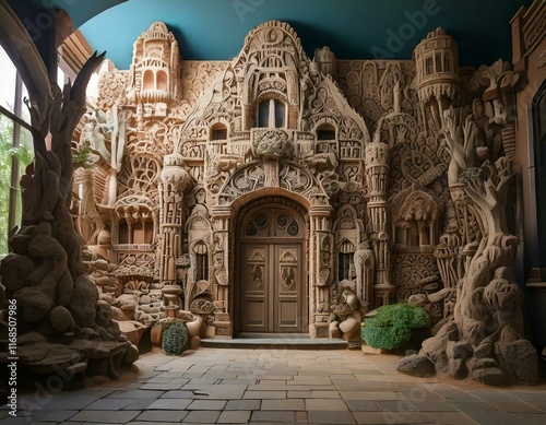 strange house and relief figures on the wall