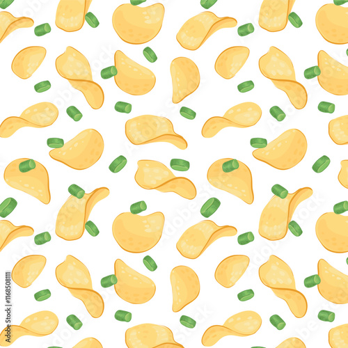 Seamless pattern of potato chips and green onions. Vector background of chips and onions. For snack packaging, fast food, decor, design and banners.