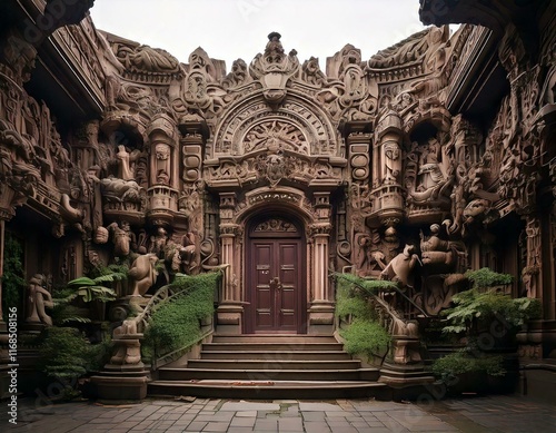 strange house and relief figures on the wall