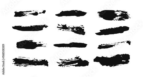 Textboxes or frames. Black art brush strokes with different textures and lengths, suitable for use in graphic design, digital art, or as backgrounds in creative projects