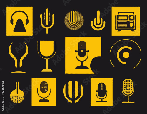 Set podcast symbols,icons,logos in black and yellow with studio microphone. Emblems for broadcast,news and radio streaming.Template for shows,live performances.Dj audio podcasting.Vector illustration.