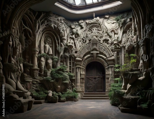 strange house and relief figures on the wall