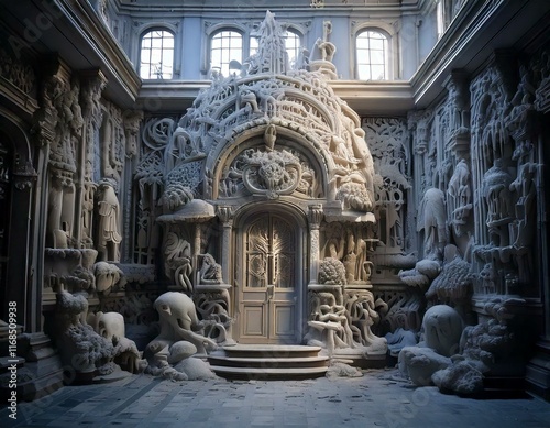 strange house and relief figures on the wall