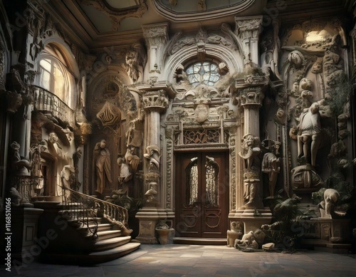 strange house and relief figures on the wall