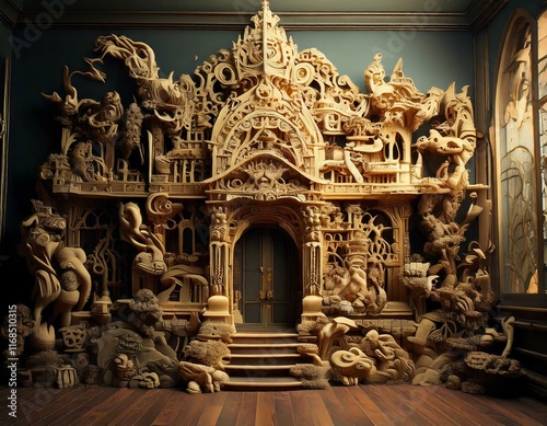 strange house and relief figures on the wall