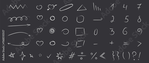 Chalk scribble doodle arrow, line elements set. Crayon arrow, underline, handwritten mark check. Rough hand drawn marker sketch with brush grunge texture. Hand drawn doodle brush lines vector image.