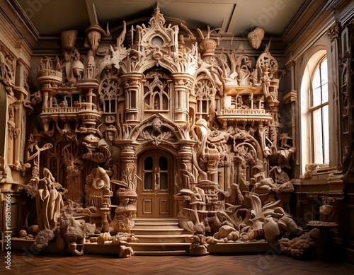 strange house and relief figures on the wall