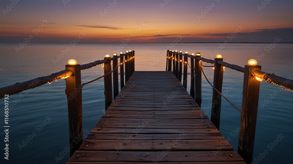 Fototapeta premium Serene Sunset on Wooden Pier with Calm Ocean and Reflections V3