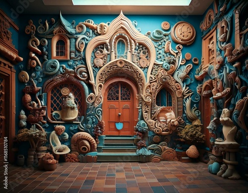 strange house and relief figures on the wall