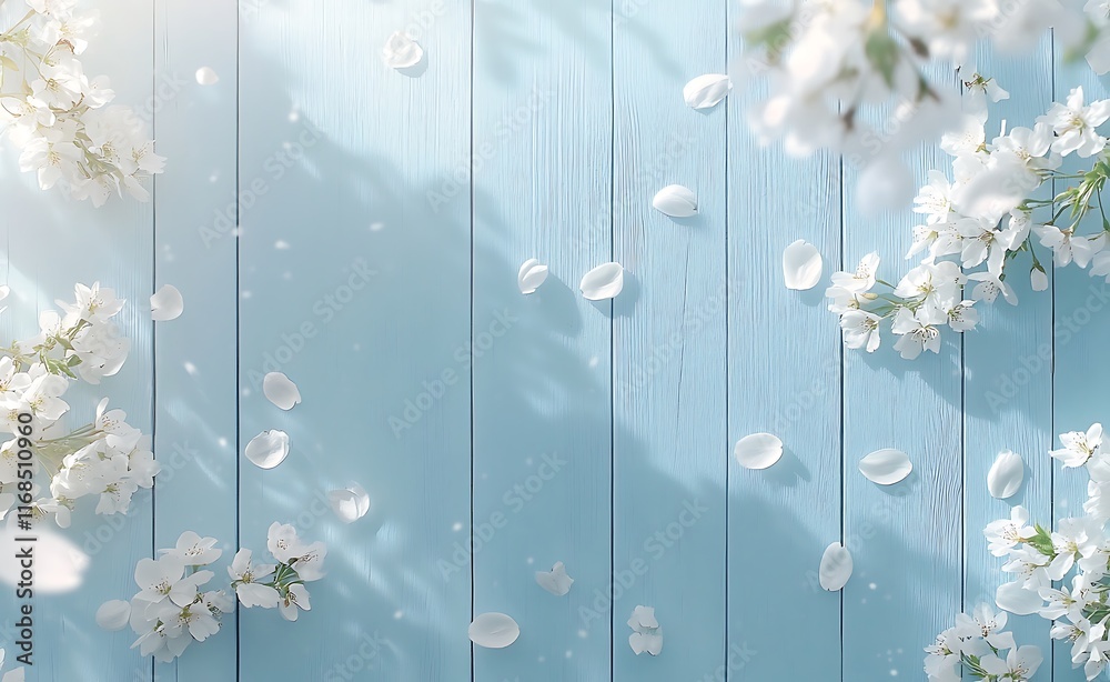Fototapeta premium A light blue wooden spring summer background with white flowers in the corners