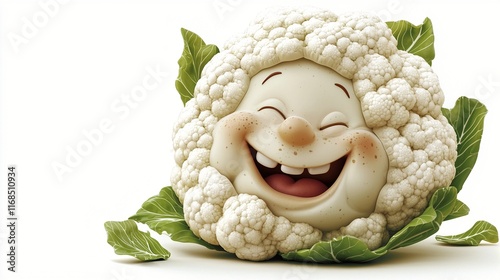 Happy cauliflower character, studio shot, white background, food illustration