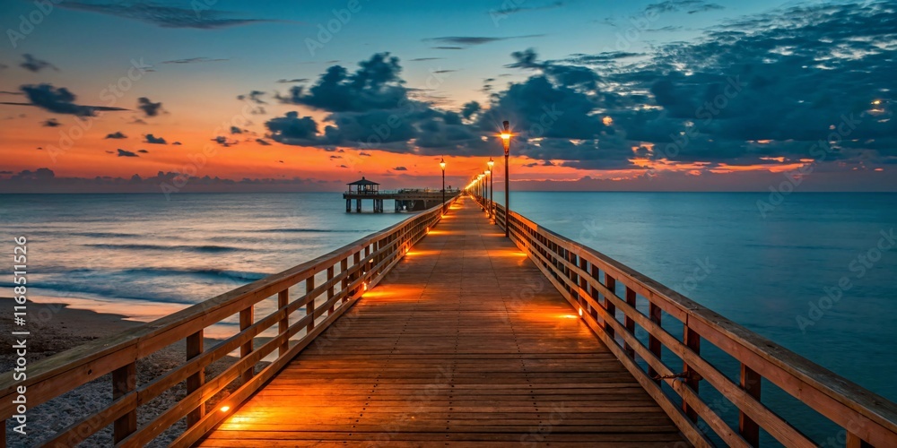 Fototapeta premium Serene Sunset on Wooden Pier with Calm Ocean and Reflections V8