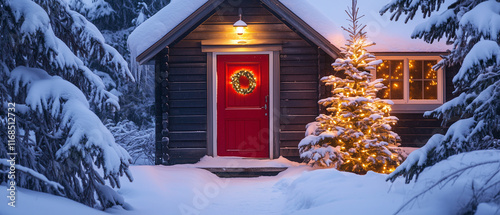 Wallpaper Mural Wooden house with red door, glowing tree beside, surrounded by snow and festive lights-1 Torontodigital.ca