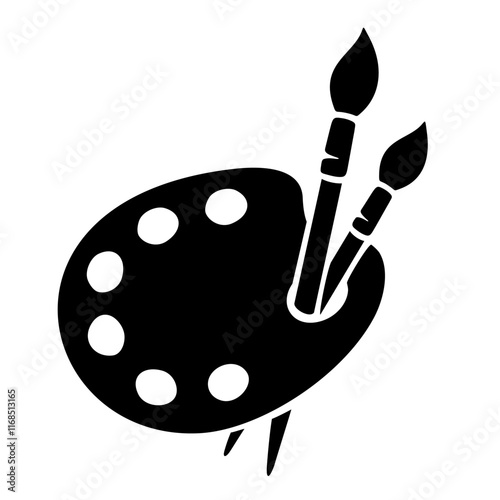 Art palette with paints and brushes. Vector black silhouette of an artistic palette isolated on a white background. Vector illustration