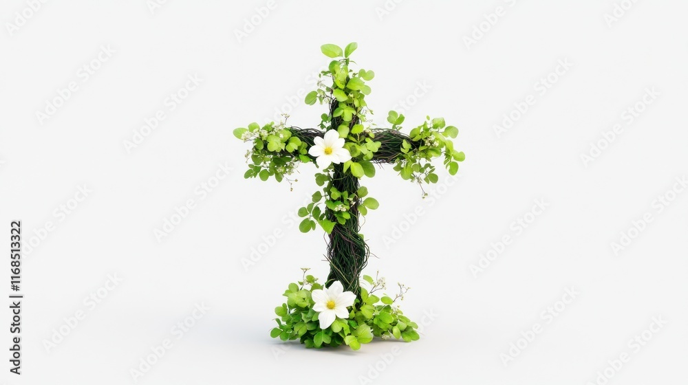 Fototapeta premium A floral cross adorned with greenery and white flowers.