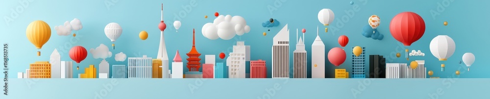 Fototapeta premium Colorful Cityscape with Hot Air Balloons and Clouds