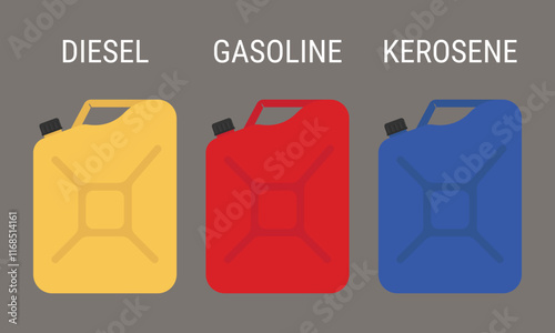 Fuel can set. Fuel container identification: diesel, gasoline, and kerosene