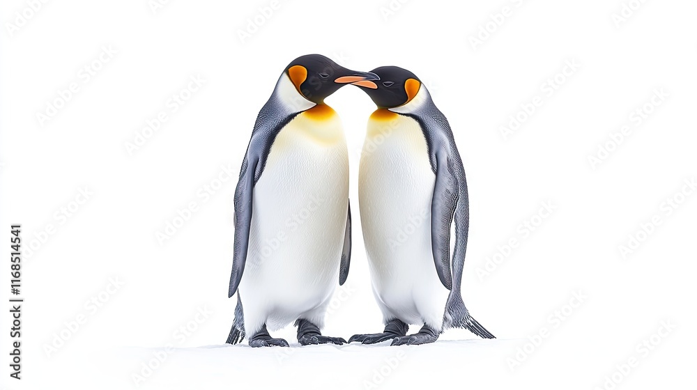 Fototapeta premium Two emperor penguins standing closely together, showcasing affection in a snowy environment.