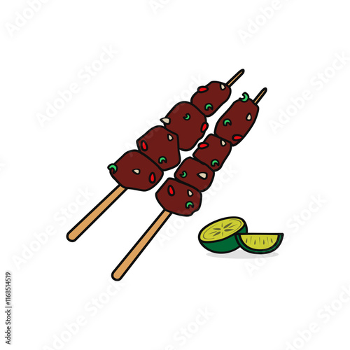 Illustration of A Pair Chicken Satay with Lime Beside of It