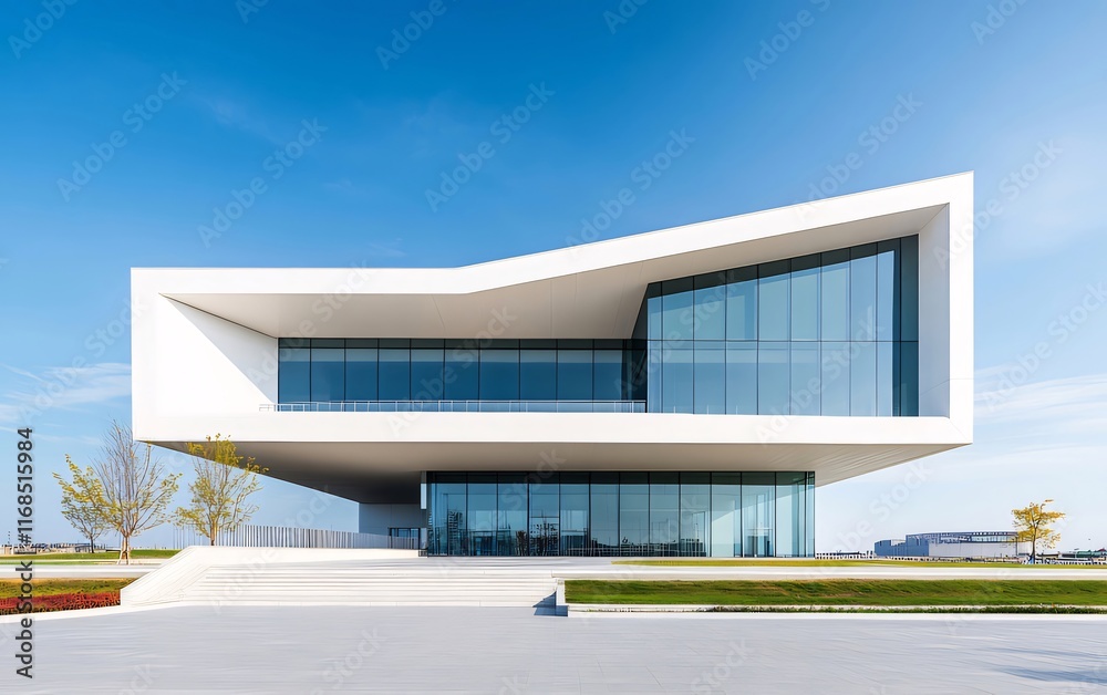 Modern white building with glass facade, clear blue sky. Modern white building with glass facade, clear blue sky.