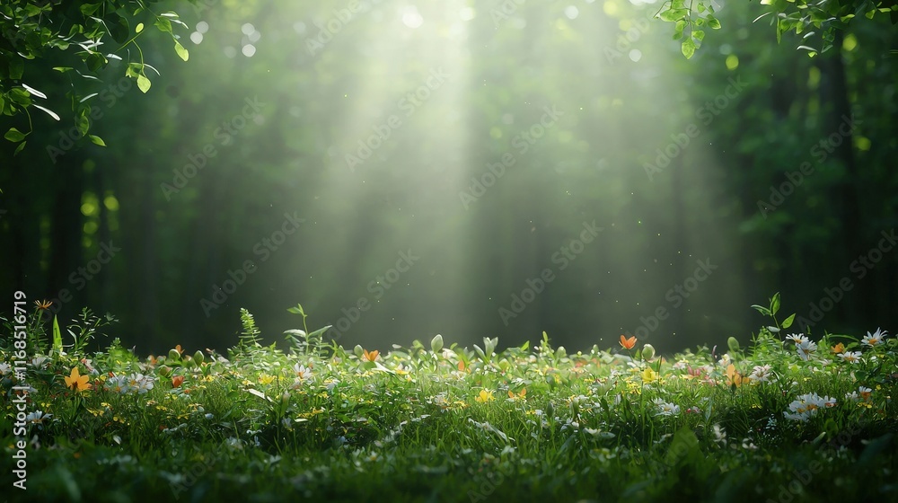 Fototapeta premium Serene Sunlit Forest with Vibrant Flowers and Butterflies