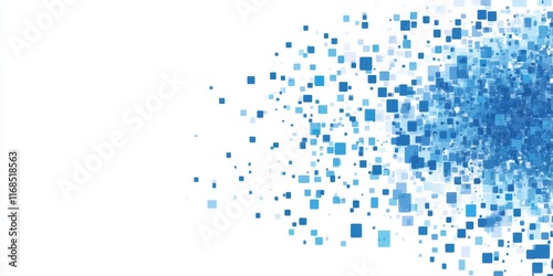 Abstract blue square pixel explosion on white background.