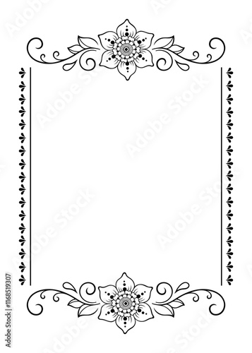 Frame in eastern tradition. Stylized with henna tattoos decorative pattern for decorating covers for book, notebook, casket, magazine, postcard and folder. Flower border in mehndi style.