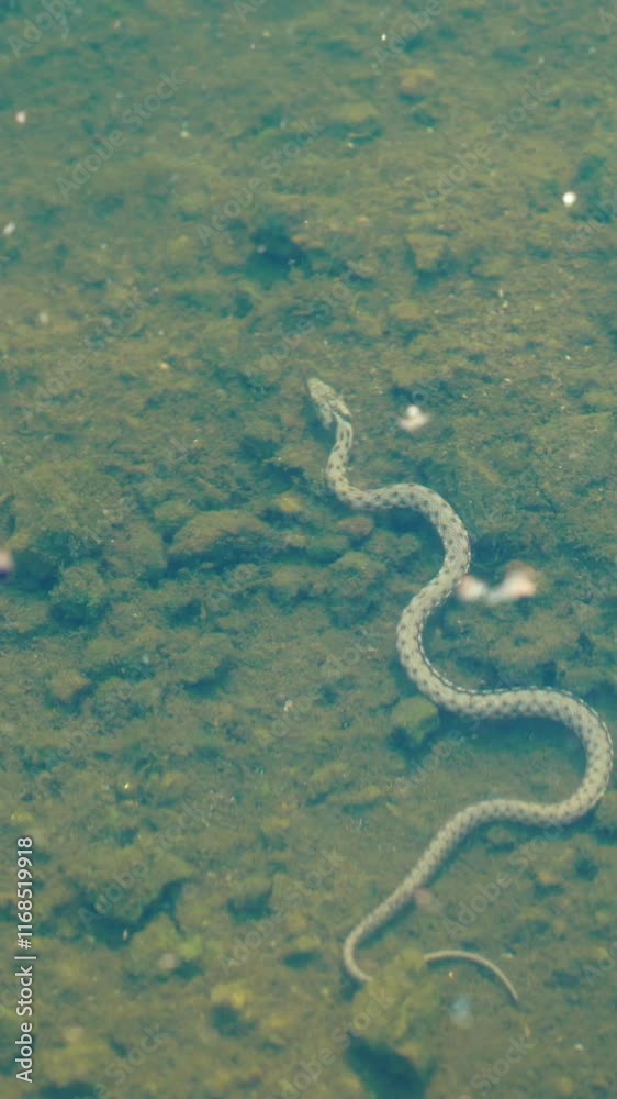 Snake floats under the surface of the water. Snake under water. Vertical video
