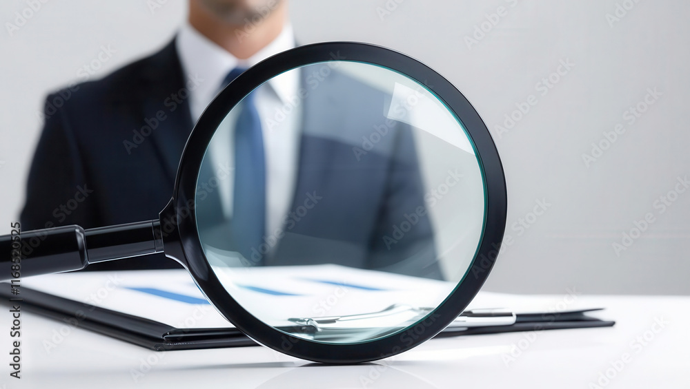 Fototapeta premium Magnifier glass and employment searching concept. A businessman studies a document through a magnifying glass, emphasizing attention to detail and analysis in a professional setting.