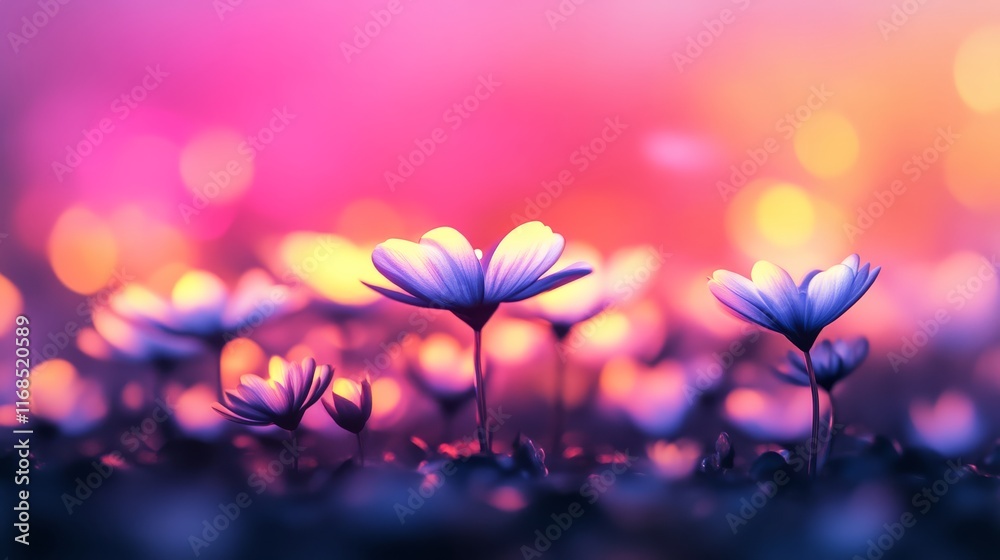 Soft-focus flowers bloom against a dreamy, colorful background, creating a serene and enchanting atmosphere.