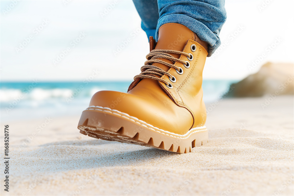 Close-up of a sturdy leather boot on sandy terrain, representing durability, outdoor lifestyle, and adventure, perfect for rugged themes. Close-up of a sturdy leather boot on sandy terrain, representing durability, outdoor lifestyle, and adventure, perfect for rugged themes.