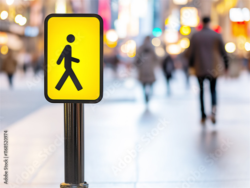 A bright pedestrian crossing sign in a busy city street, emphasizing urban safety, awareness, and modern infrastructure in vibrant colors.