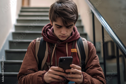 A close-up of a student receiving mean messages on their phone during a break at school.