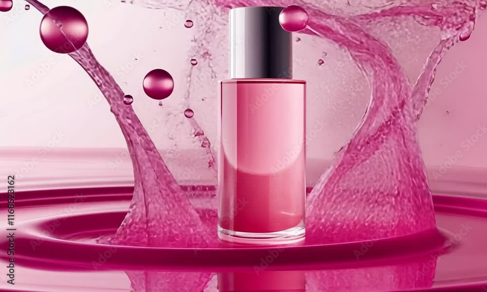 Elegant pink cosmetic bottle splashing in vibrant water, reflecting beauty and freshness in a softly blurred background, perfect for skincare and makeup marketing needs.