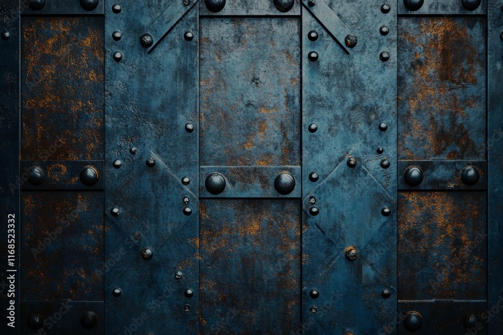 Fototapeta premium Dark blue rusty metal door with rivets.
