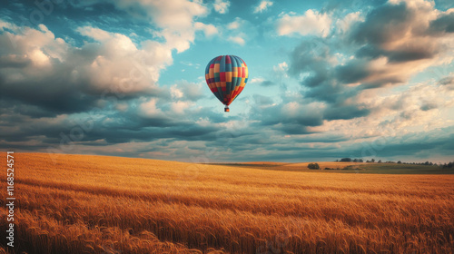 hot air balloon gliding over golden wheat field under blue sky