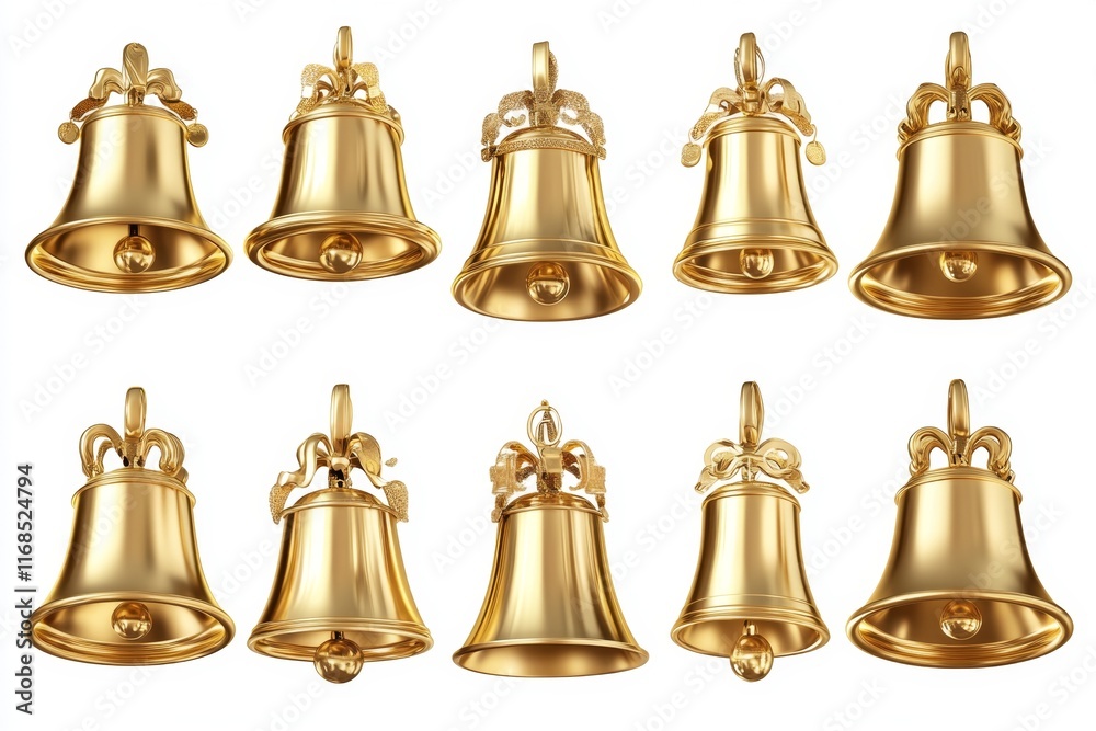 Twelve golden bells, various angles, isolated on white. Twelve golden bells, various angles, isolated on white.
