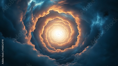 A swirling vortex of clouds illuminated by a bright light at its center, creating a mesmerizing and ethereal effect.