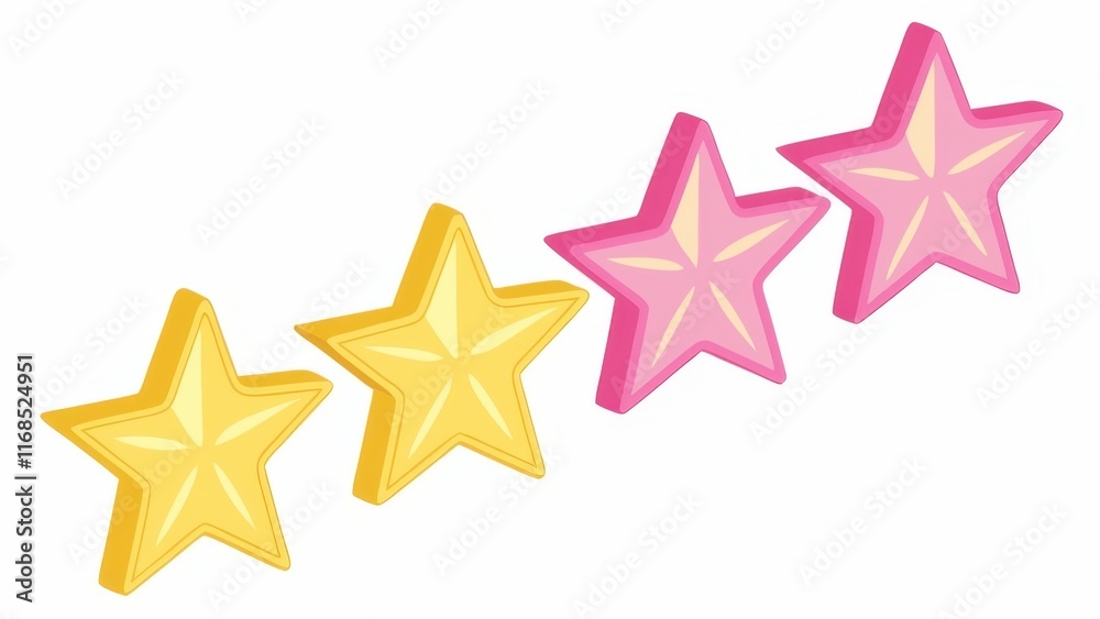 Four colorful stars, two yellow and two pink, arranged in a row, representing fun, celebration, or achievements. Four colorful stars, two yellow and two pink, arranged in a row, representing fun, celebration, or achievements.