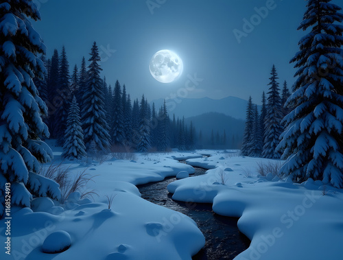 A moonlit snowy night scene featuring a full moon illuminating the sky, surrounded by evergreen trees, with a gentle stream winding through the pristine white landscape. photo