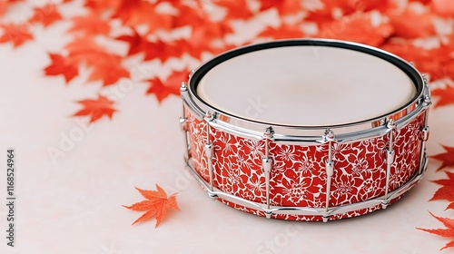 Red snare drum with autumn leaves. photo