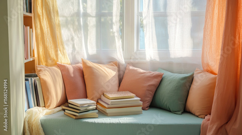 Cozy reading nook with pastel cushions and natural light streaming in