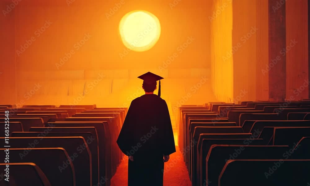 Graduation Ceremony Scene with Graduating Student in Cap and Gown ...